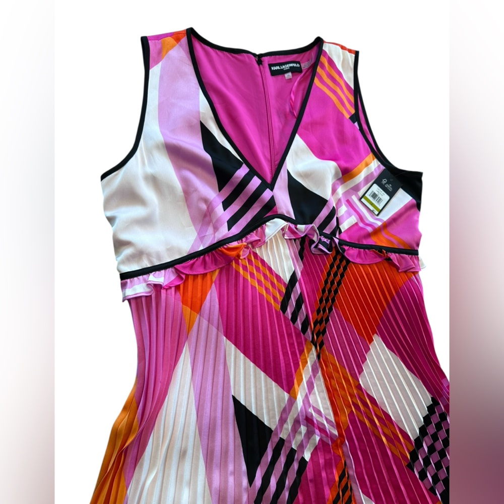 Karl Lagerfeld Paris Pleated Sleeveless Dress Pink Orange Geometric NWT 14 Bold - Picture 15 of 16